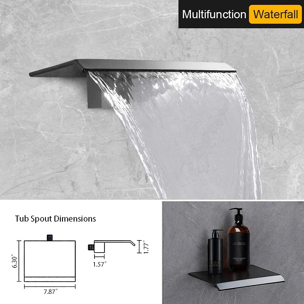 Shower System with Waterfall Tub Spout - 12 Inch Ceiling Rain Shower Head and Handhled Spray, Bathtub Combo, Thermostatic Valve Can Use All Faucet Set